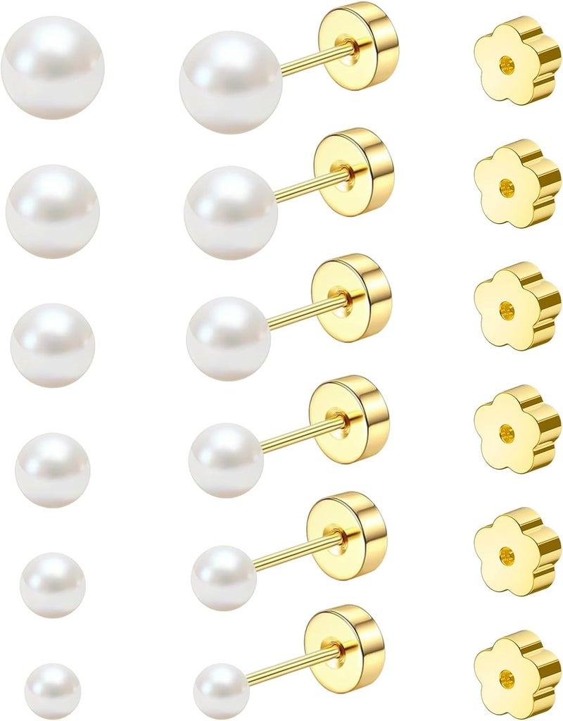 davka 7 Pairs 20G Flat Back Stud Earrings for Women Men Hypoallergenic 14K Gold Plated Surgical Steel Stack Cartilage Earrings for Multiple Piercing Sensitive Ears Bonus Plum Blossom FlatBack Studs CZ 2-8mm - Image 1